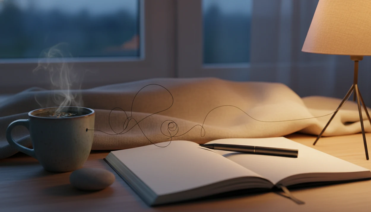 A calm bedside still life shows tangled thread loosening beside a blank notebook and warm lamp.