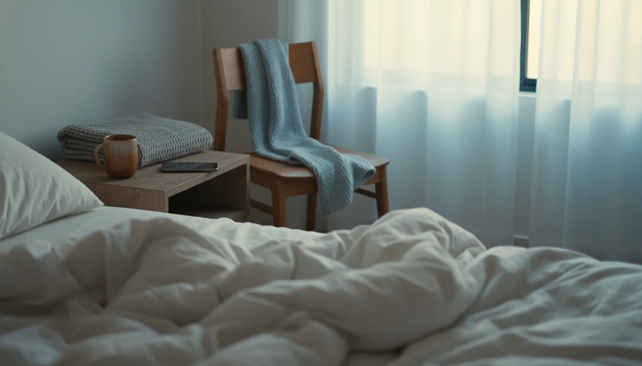 A quiet bedroom corner at dawn with a face-down phone, warm mug, and soft light through sheer curtains.