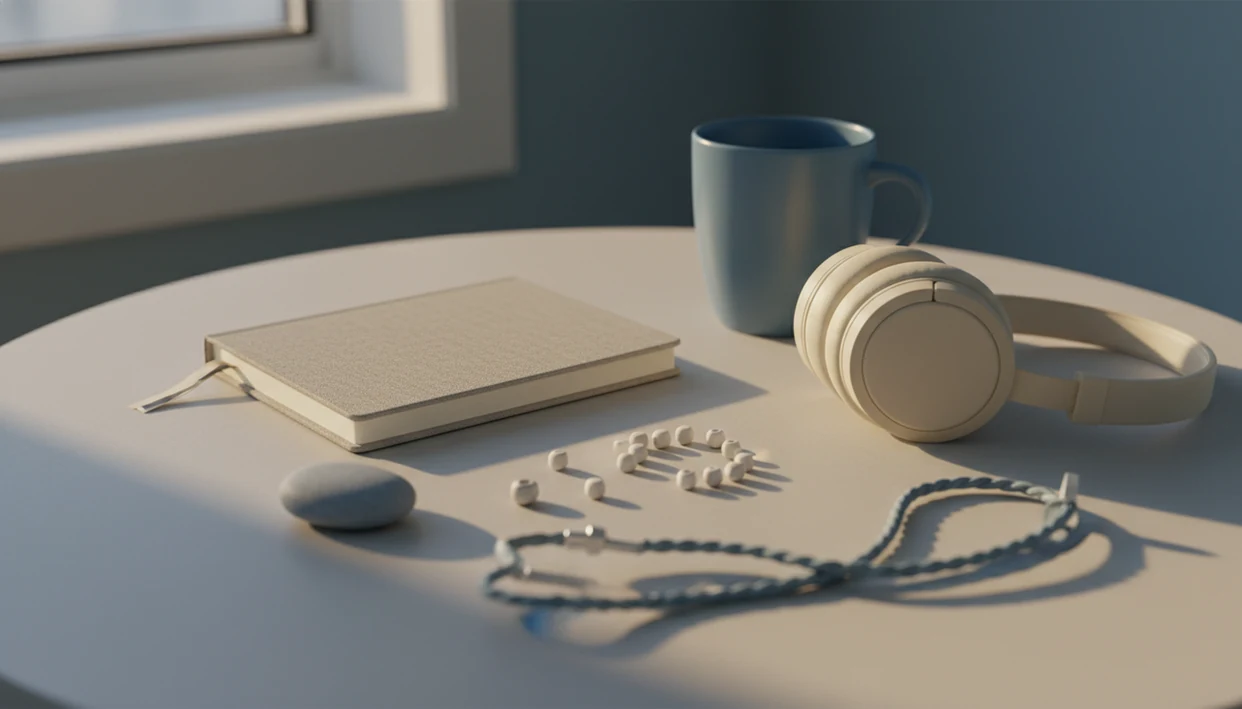 A calm desk still life with headphones, notebook, mug, stone, and aligned beads suggesting mindful focus.