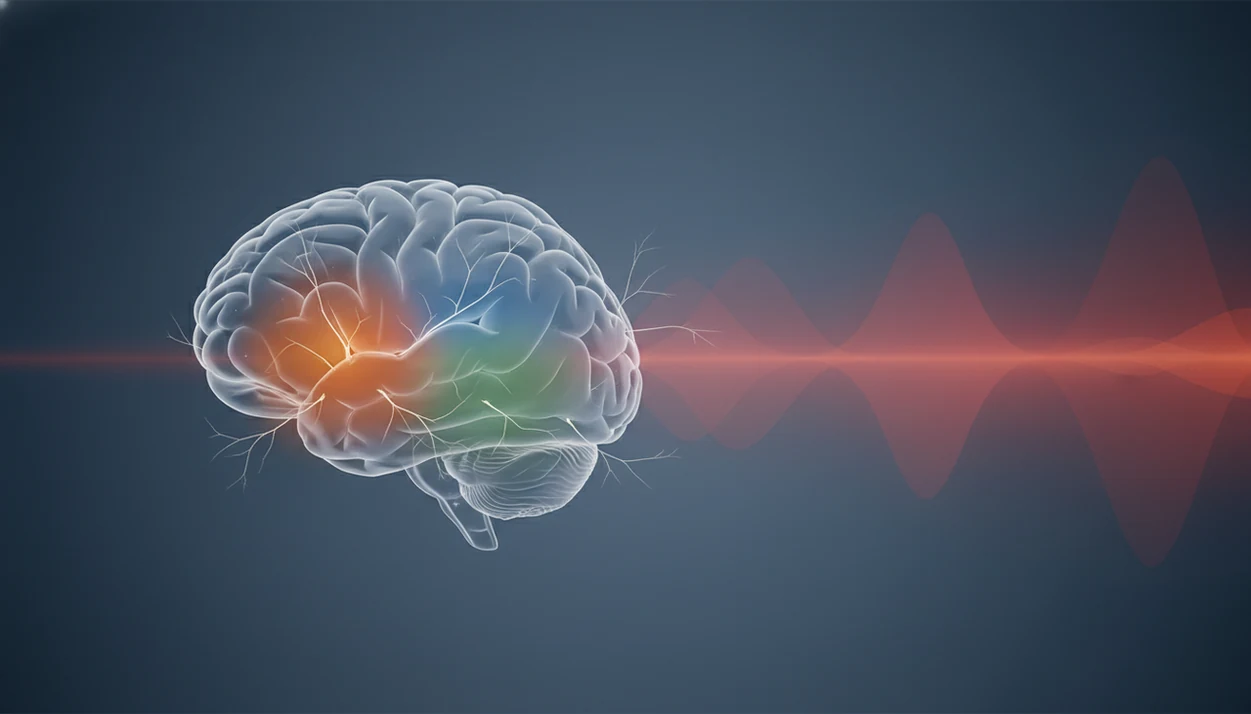 A calm scientific illustration of a brain with subtle color regions and stress-like pulse waves.