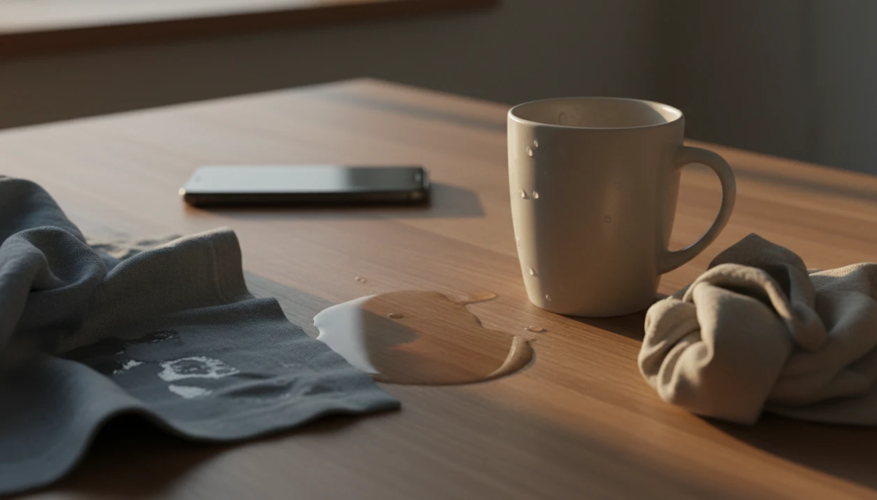 A calm kitchen table still life suggests pausing and resetting after an angry outburst.