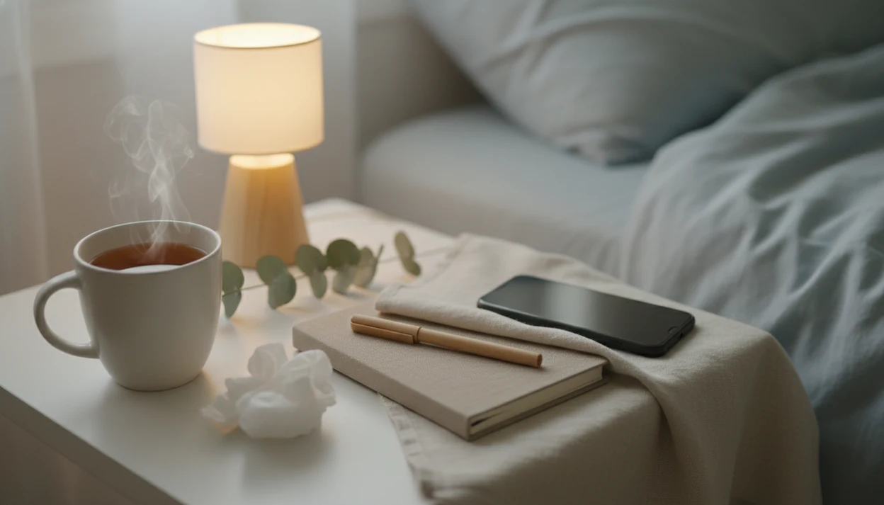 A calm bedside table with tea, tissues, a closed notebook, and a face-down phone at dawn.