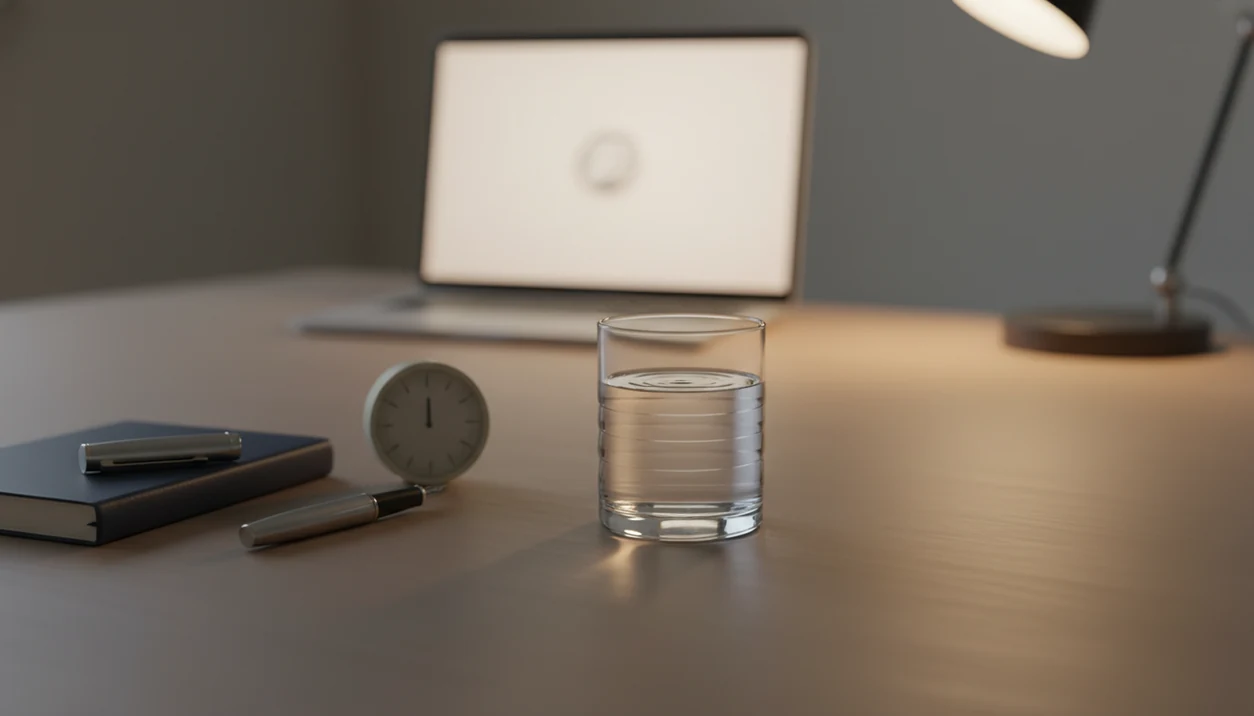 A calm desk scene with settling water, a notebook, pen, timer, and softly blurred laptop in warm light.