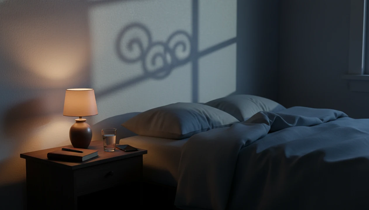 A calm bedside scene with a notebook, water, and soft shadows suggesting worry loops unwinding.
