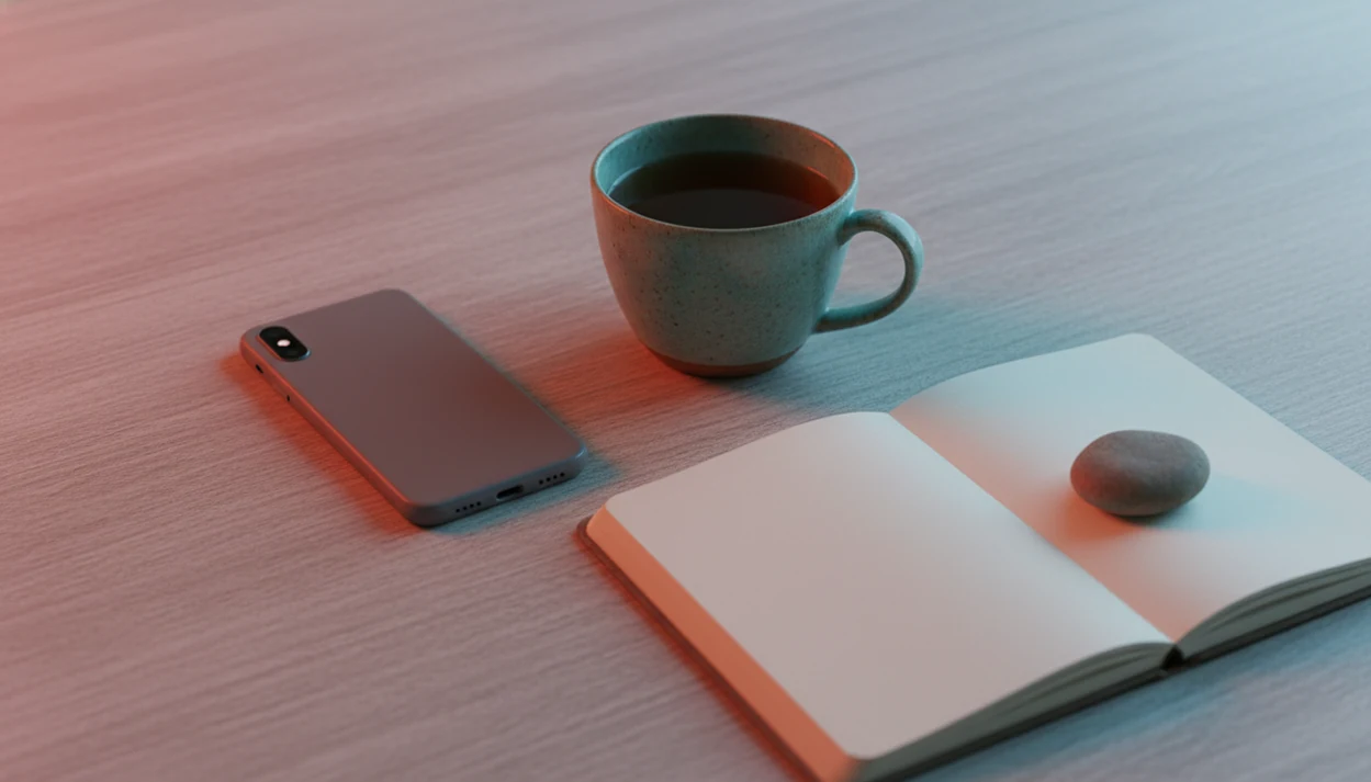 A phone placed face-down beside a blank notebook and grounding stone in calm, split warm-cool light.
