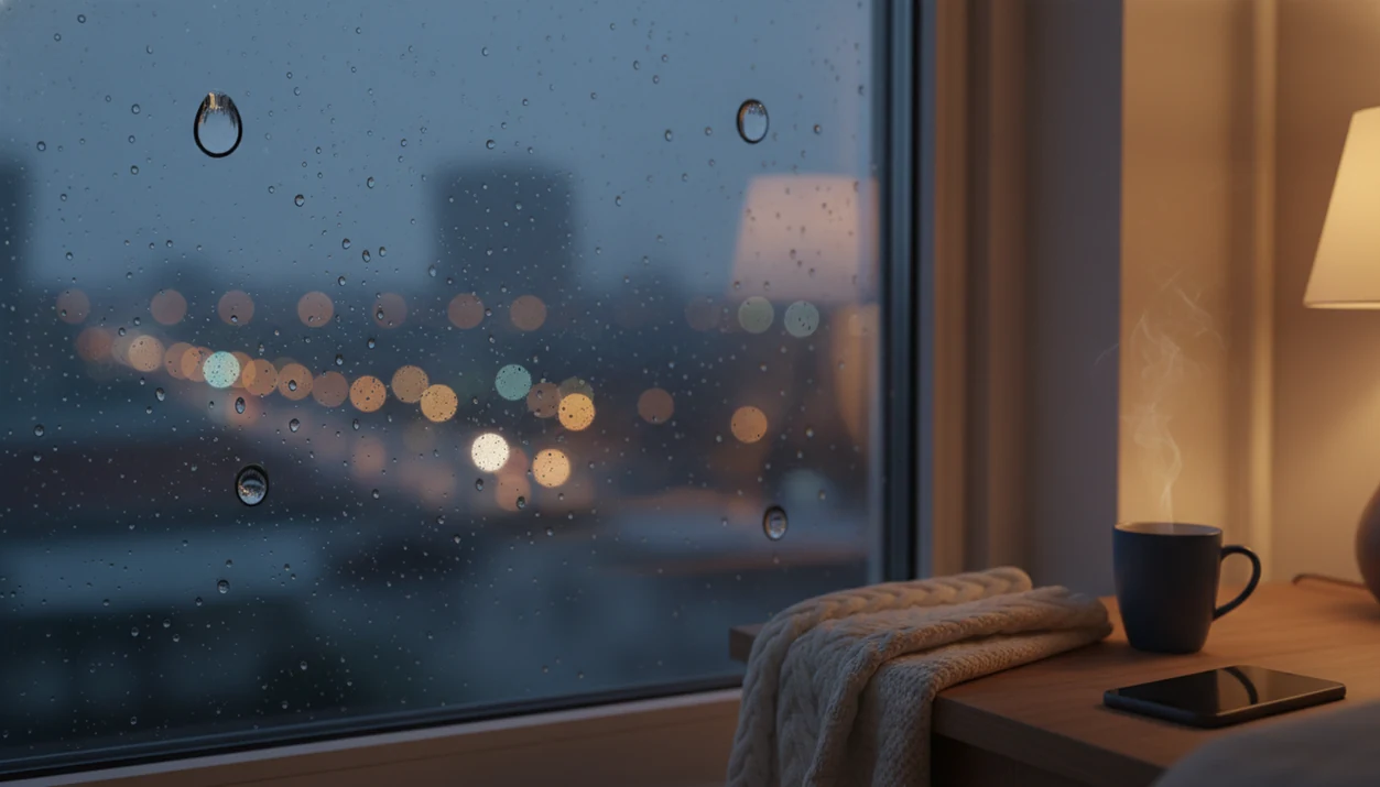 Four raindrops on a rainy bedroom window with a calm bedside scene at night.