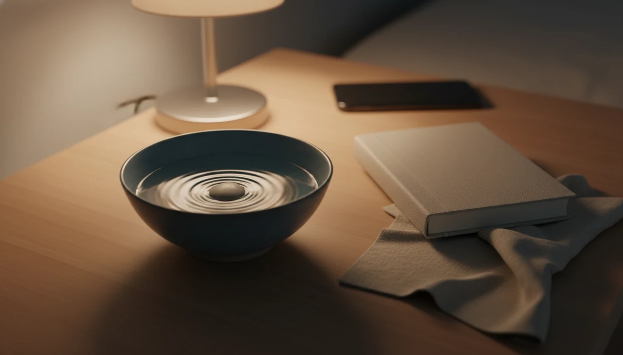 A quiet bedside still life shows ripples in a bowl of water beside a journal and dim lamp.