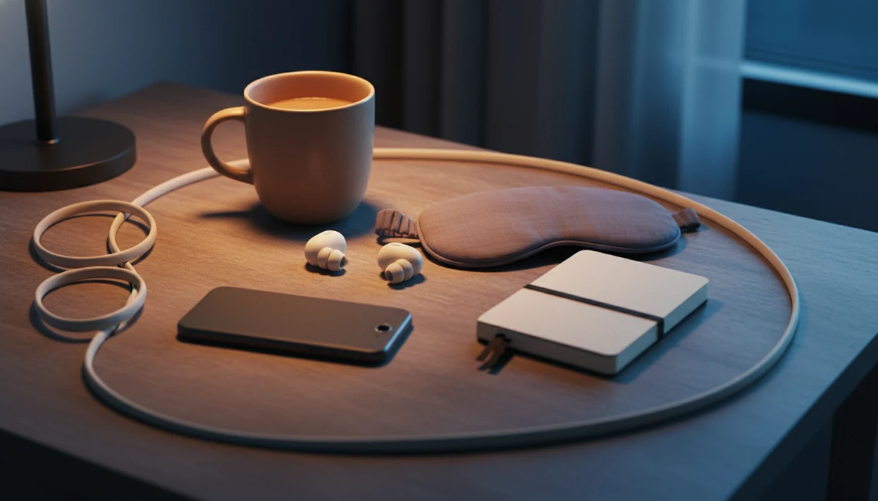 A calm bedside still life suggests easing anxious thoughts with breathing, rest, and reduced stimulation.