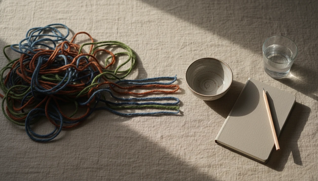 Tangled colored threads gradually straighten beside a journal, pencil, bowl, and glass of water.