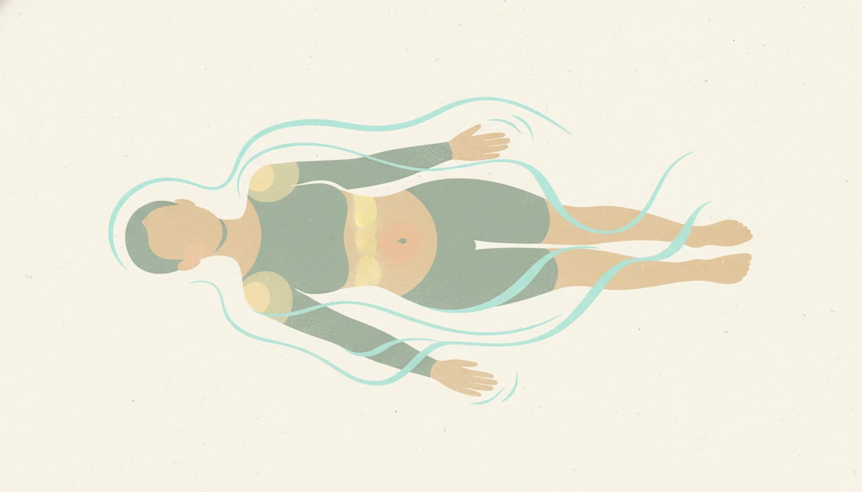 A calm body-awareness illustration highlights common stress areas with gentle breath-like lines.