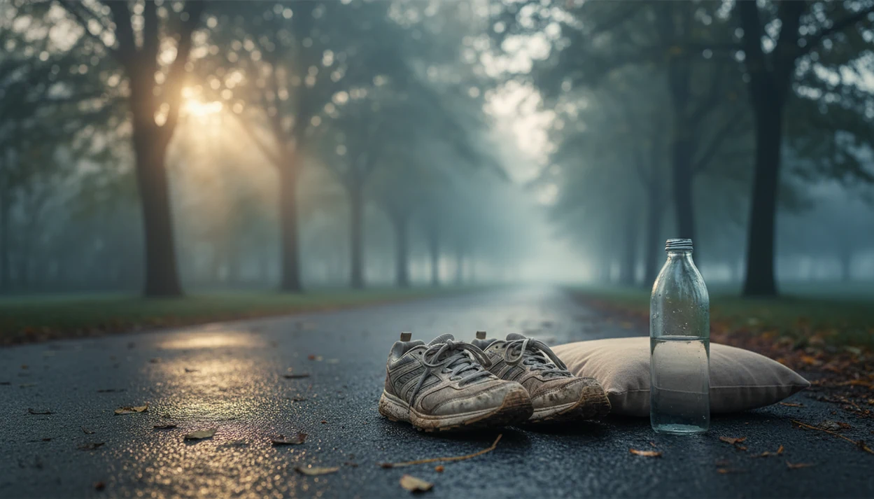 Running shoes and a meditation cushion rest beside a quiet dawn park path after rain.