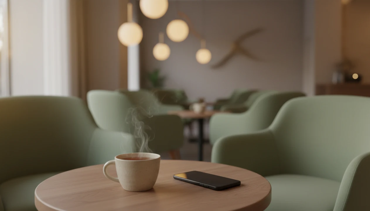 A quiet café table with tea and a face-down phone suggests a calming pause before a social situation.