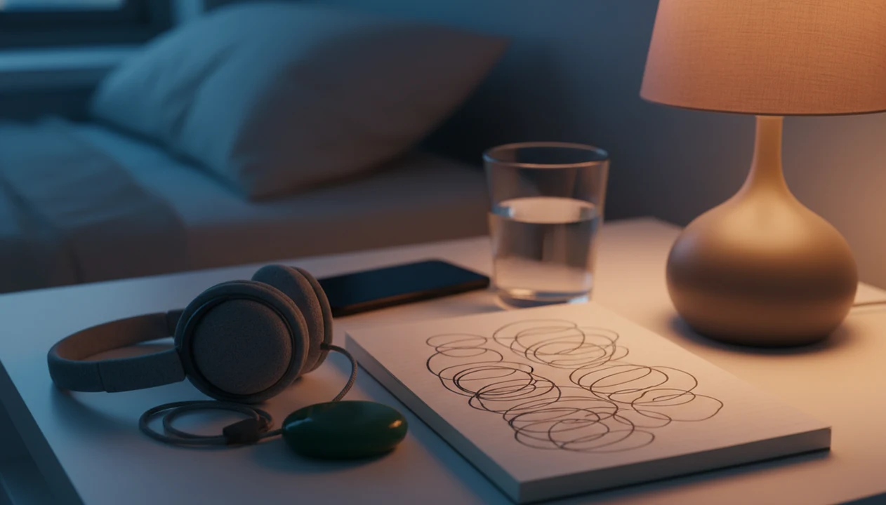A calm bedside still life with headphones, water, and a palm stone suggesting meditation for worry loops.