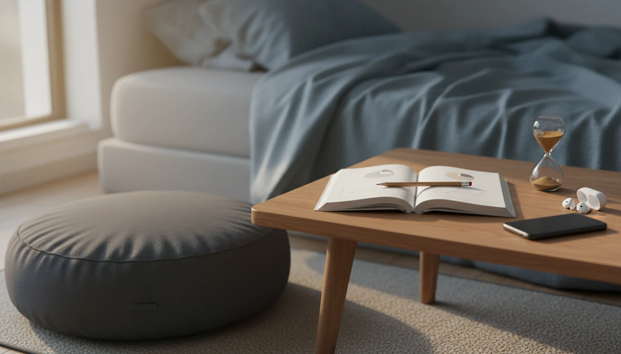 A meditation cushion beside blurred research papers, phone on the nightstand with sleep audio ready.