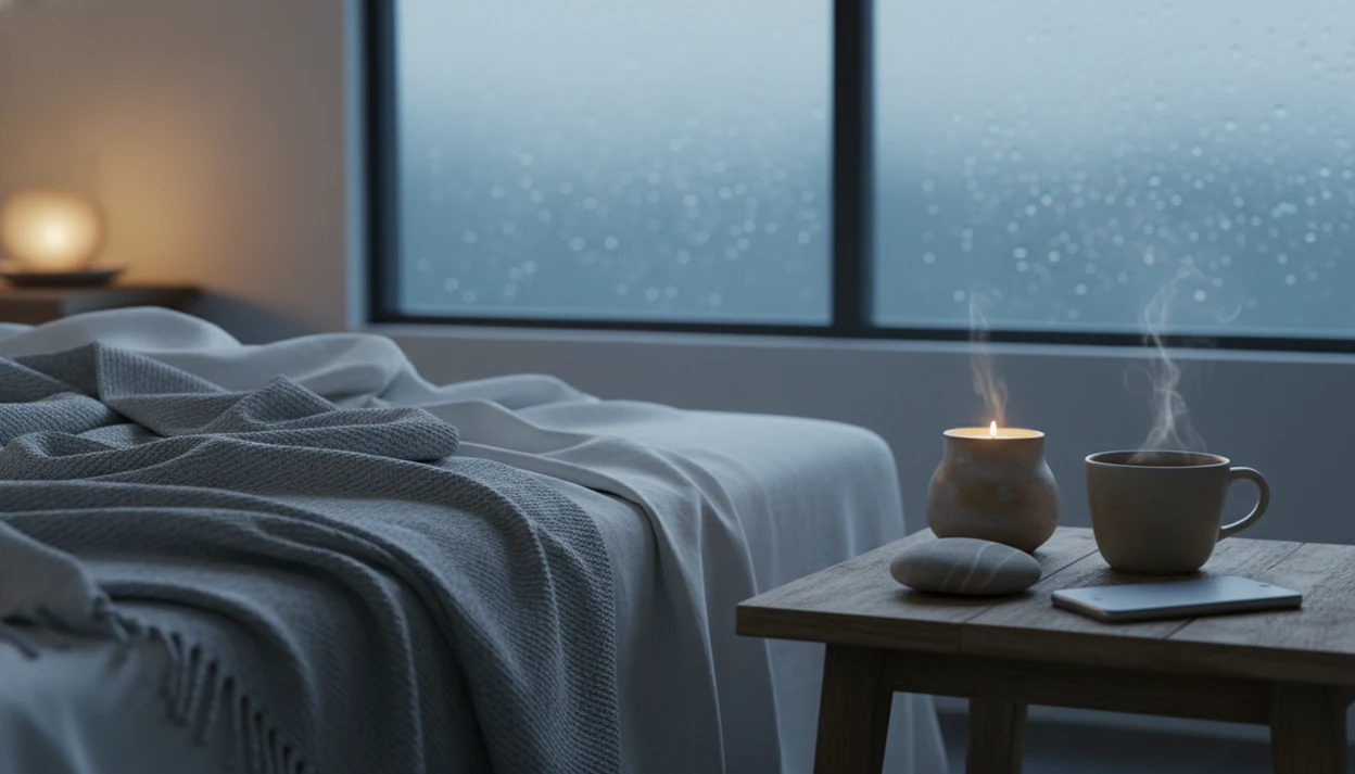 A quiet bedside still life with tea, a candle, and soft dawn light suggesting gentle grief support.