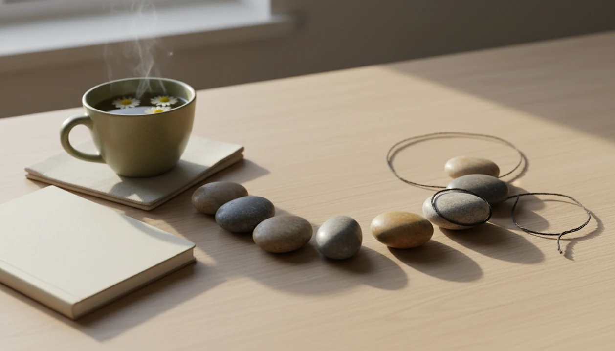 Eight stones, an open thread loop, a blank notebook, and tea suggest structured mindfulness practice.