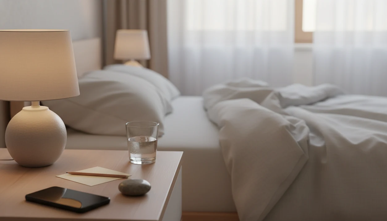 A calm bedside table with a face-down phone, blank card, water glass, and grounding stone in soft dawn light.