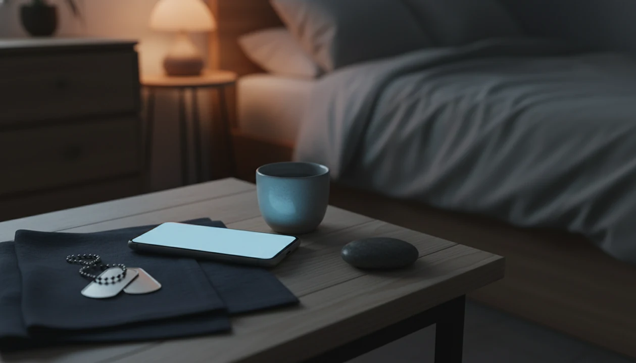 A quiet bedside still life with a blank phone, dog tags, water, and a grounding stone at night.