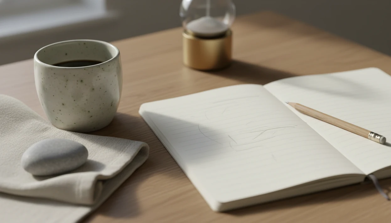 A calm desk scene with a notebook, pencil, mug, stone, and soft morning light suggesting good-enough focus.