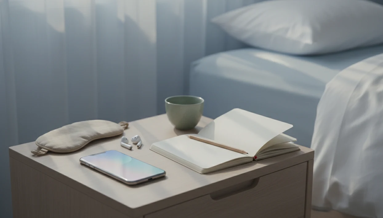 A calm bedside setup with a phone, soft lamp and phone beside the bed.