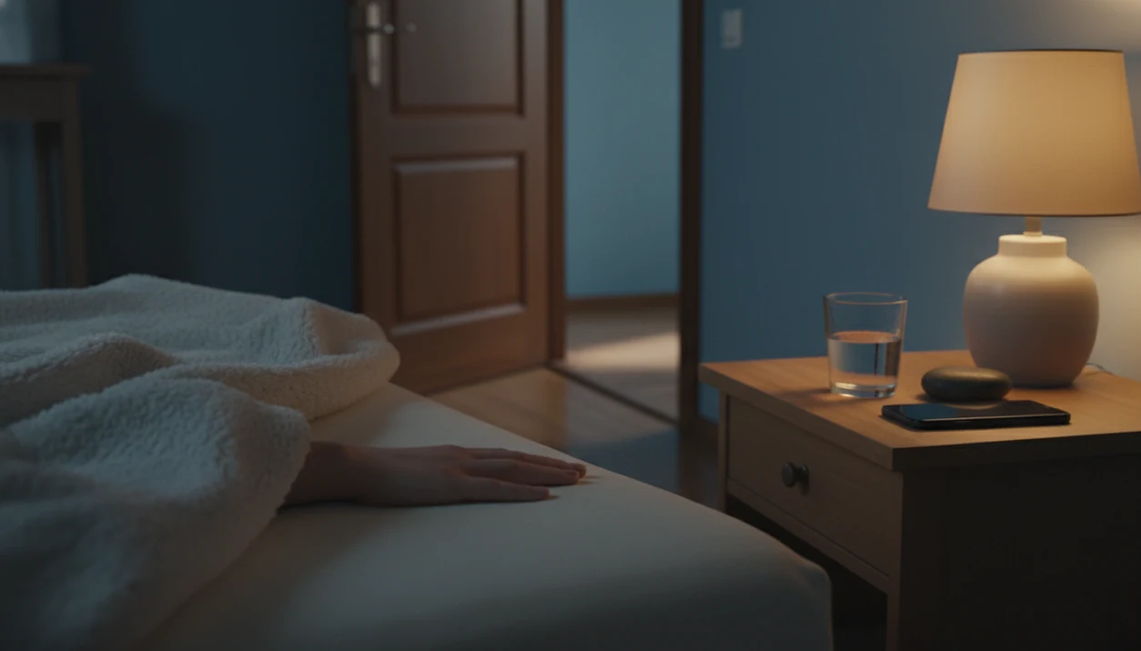 A calm bedside scene with a resting hand, water, and grounding objects in soft night lighting.