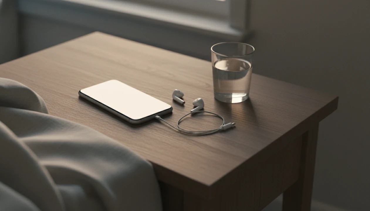 A bedside table with sleep mask and phone on the nightstand.