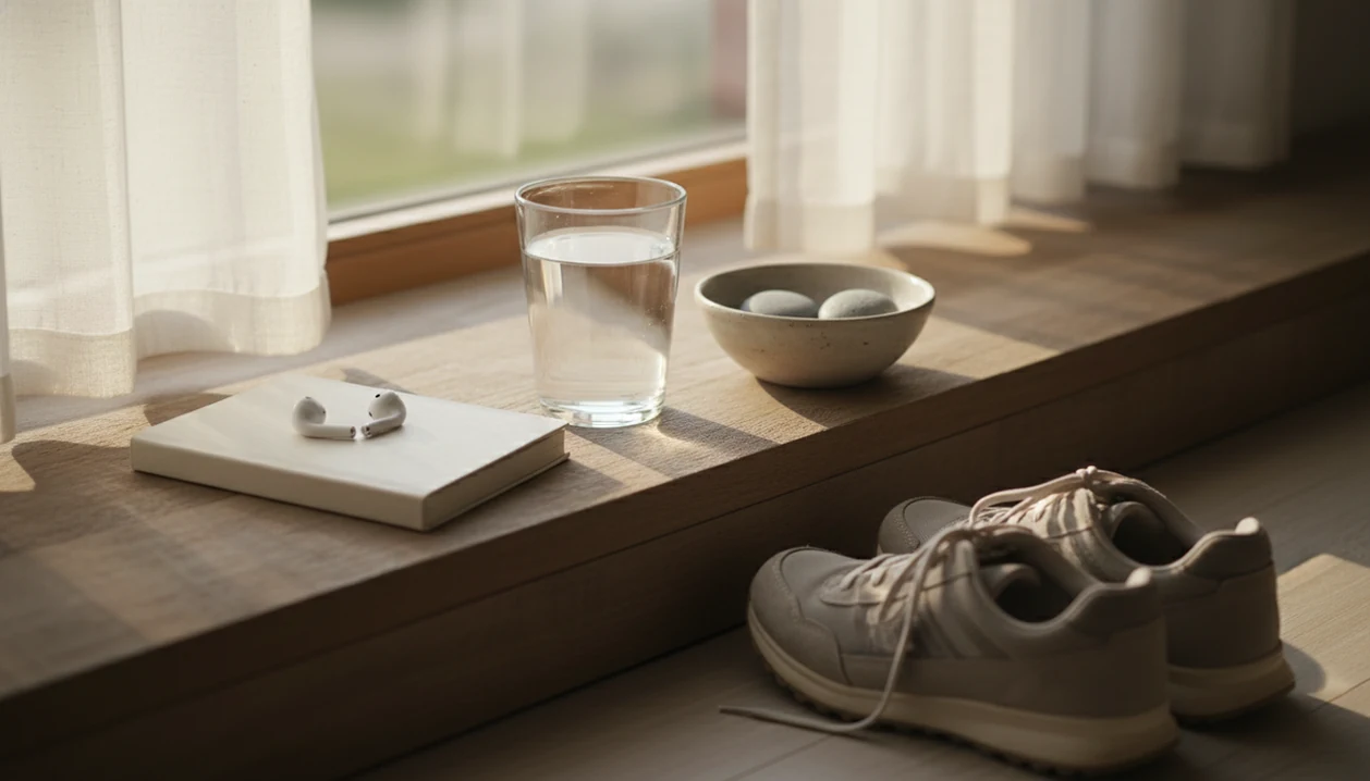 A calm morning still life with water, soft lamp and phone beside the bed.