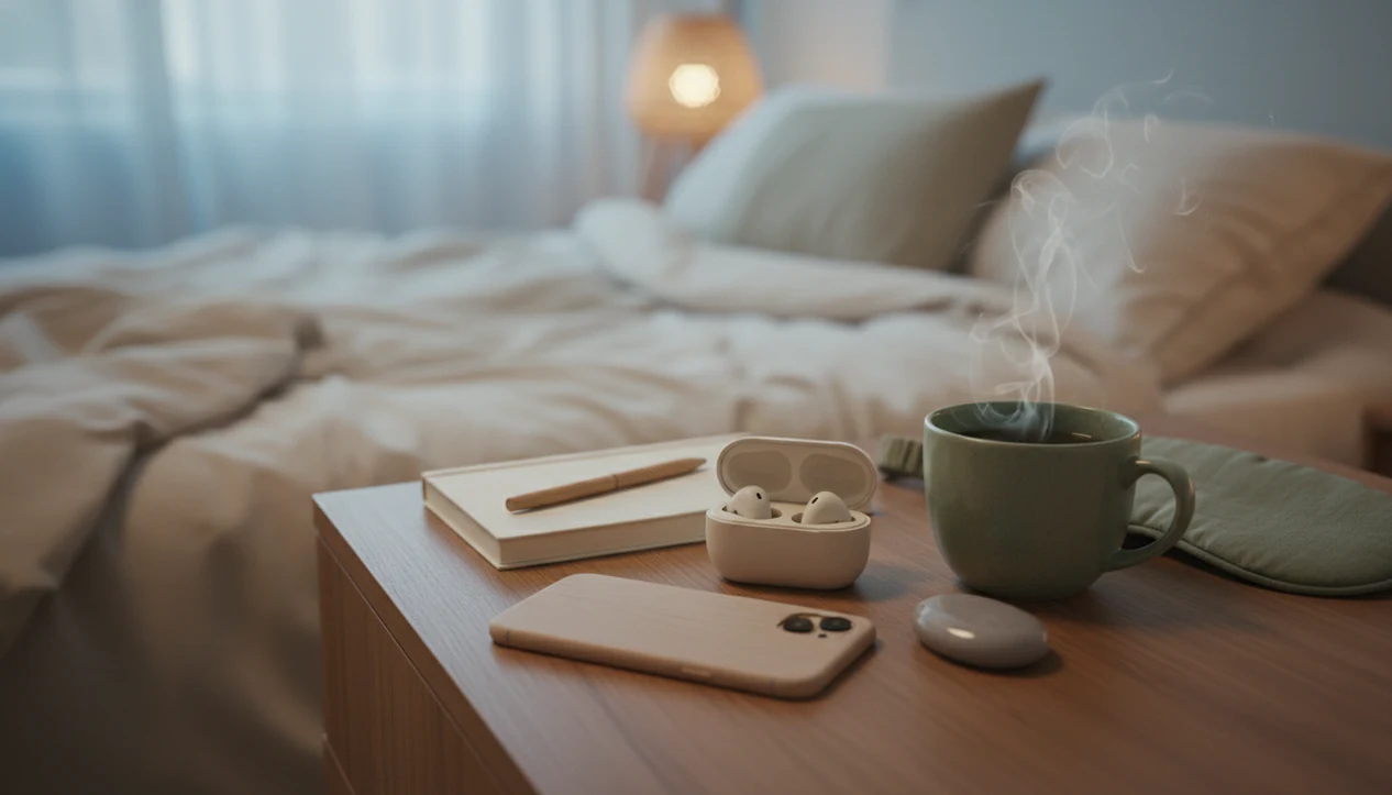 A calm bedside still life with tea, bedside phone with a downloaded calm track.