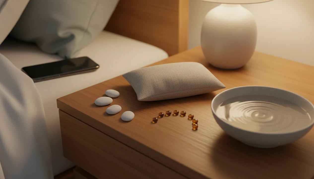 A calm nightstand scene uses pebbles, beads, and water ripples to suggest a 4-7-8 breathing rhythm.
