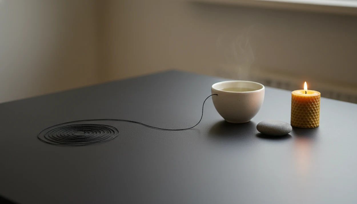 A loose black thread spiral opens toward warm light beside tea, a stone, and an unlit candle.