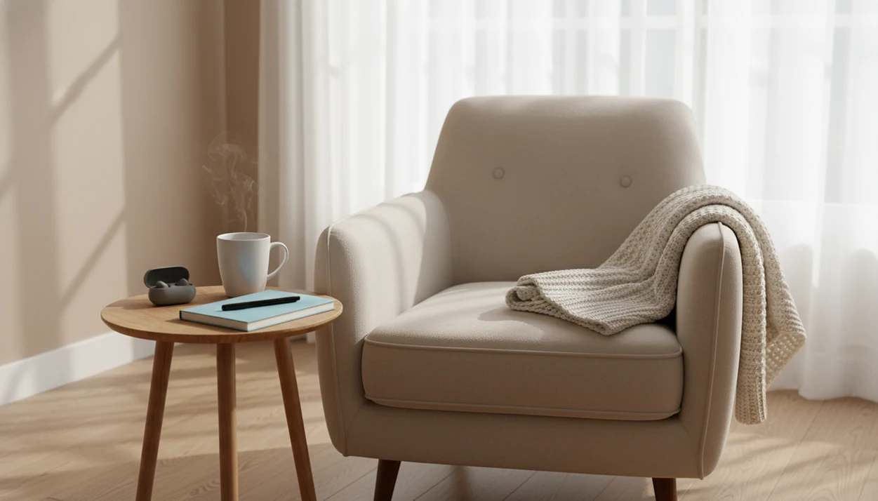 A quiet chair with low light, blanket, and phone for guided audio.