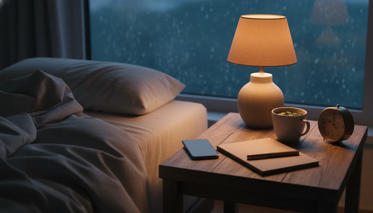 A quiet bedside table at night with tea, a notebook, phone, and alarm clock suggesting Sunday anxiety.