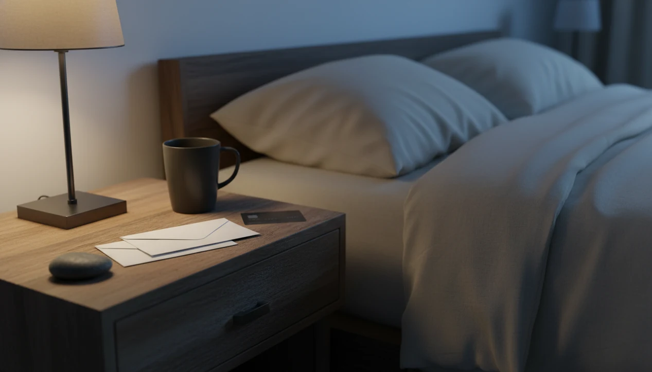 Unopened blank envelopes rest on a nightstand in soft nighttime light beside a quiet bed.