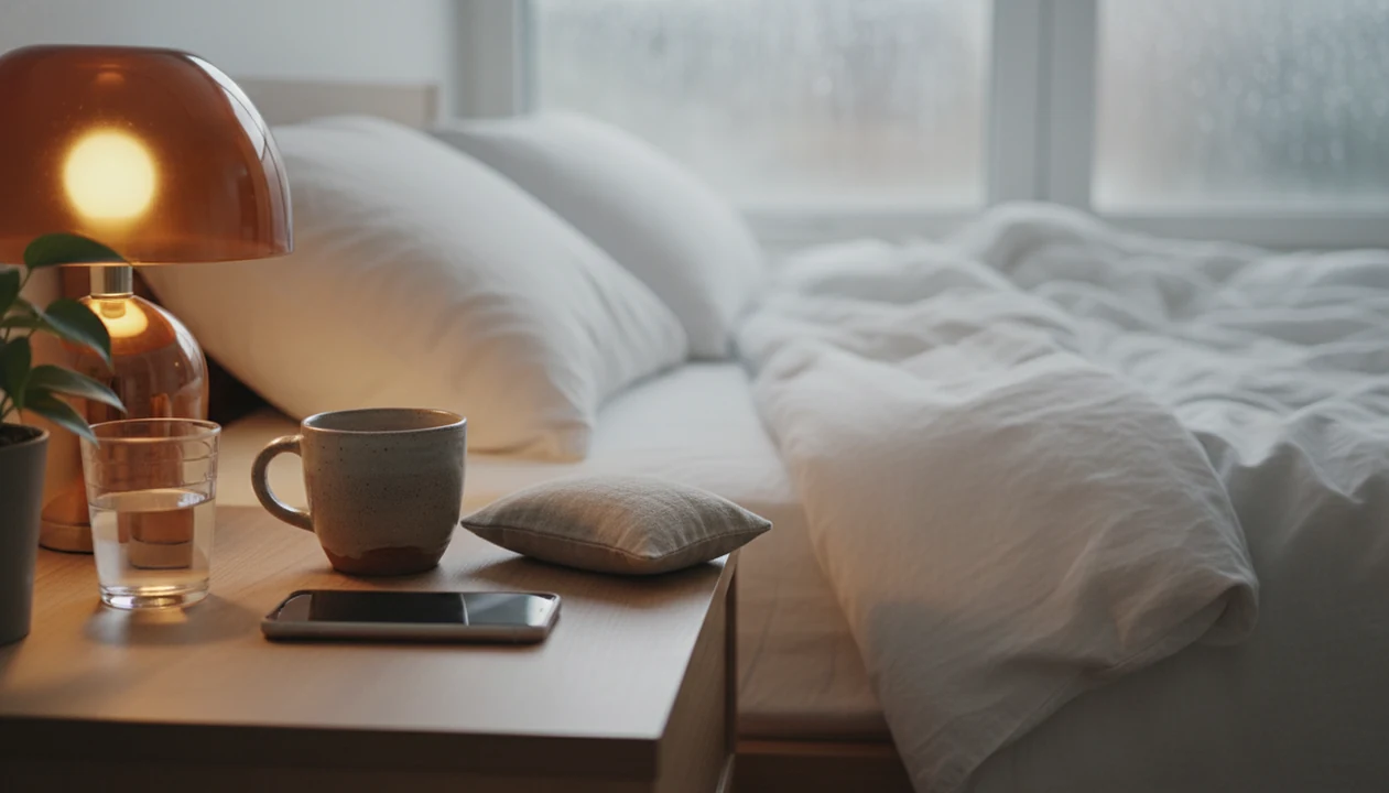 A calm bedside scene with a face-down phone, warm mug, water glass, and soft evening light.