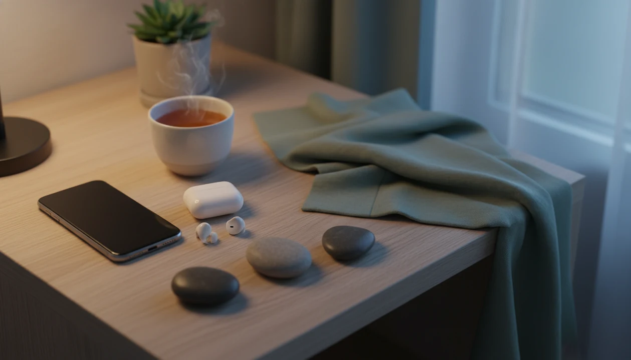 A calm bedside still life with speaker and dim light on the bedside table.