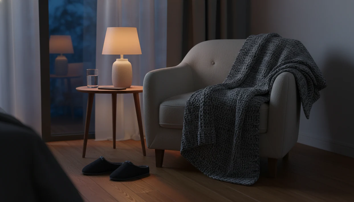 A calm bedroom corner with a chair, lamp, blanket, water glass, and phone face down at night.