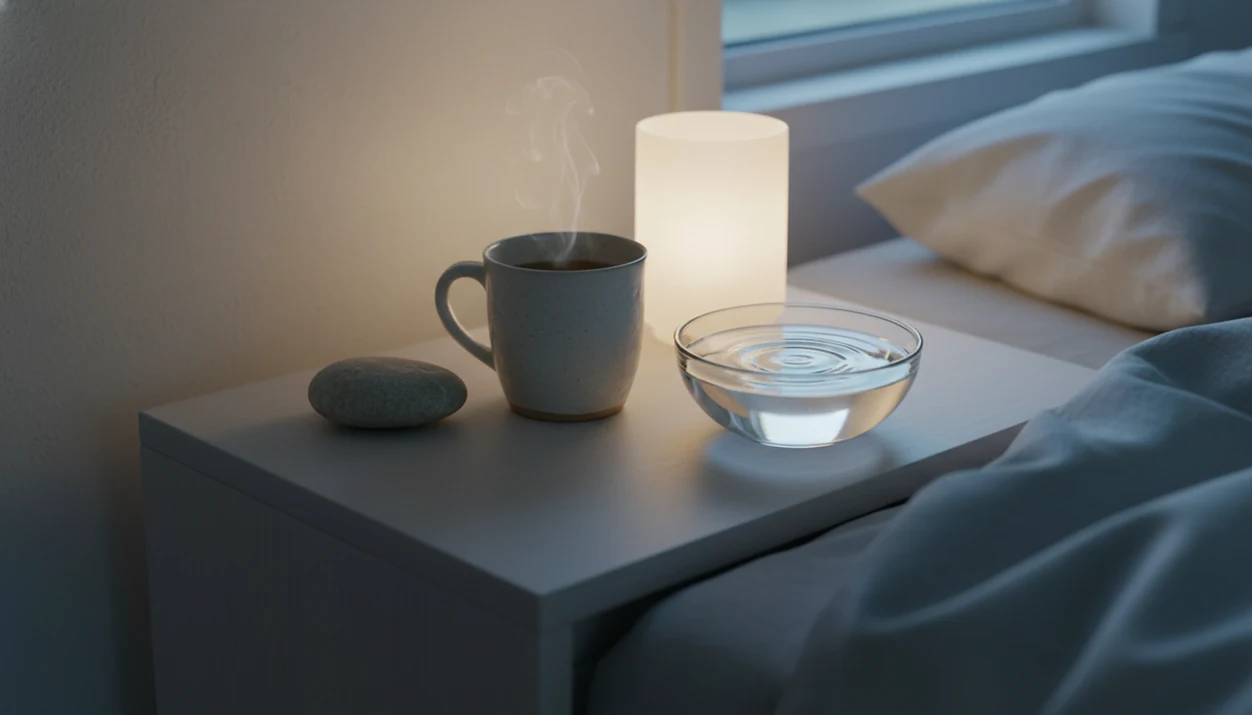 A calm bedside still life with tea, a stone, and rippling water in soft night light.