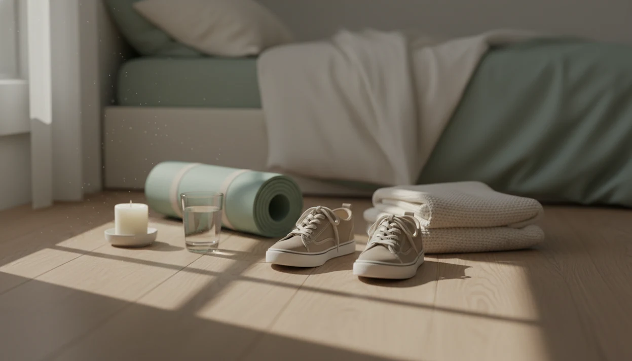 Walking shoes, yoga mat, blanket, and water sit in a calm bedroom corner near morning light.