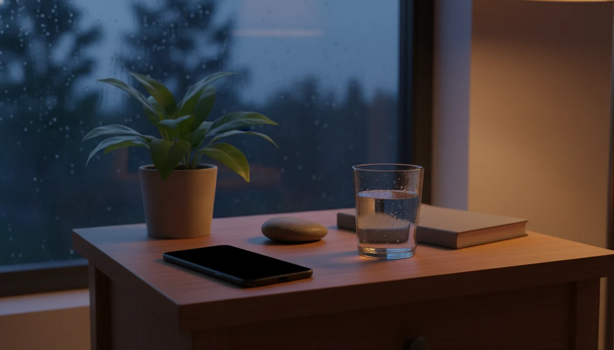 A calm bedside scene with a phone face down, plant, stone, water, and rainy trees outside the window.