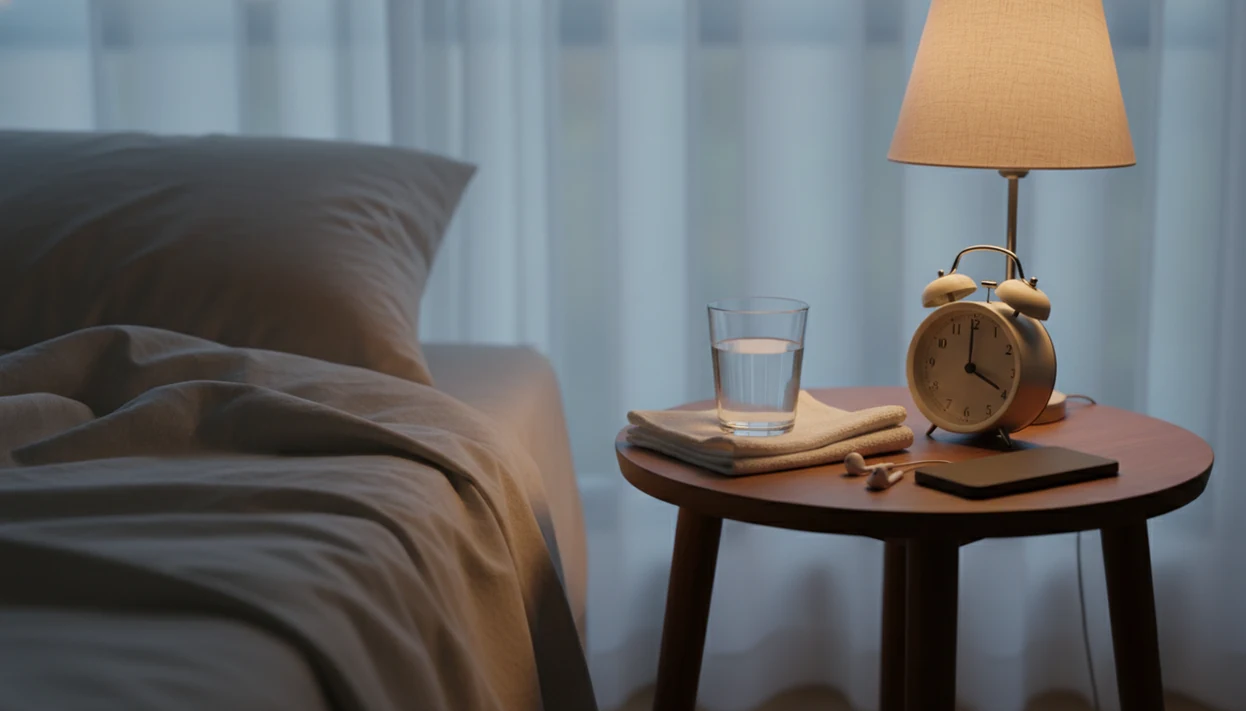 A quiet bedside scene with water, speaker and dim light on the bedside table.