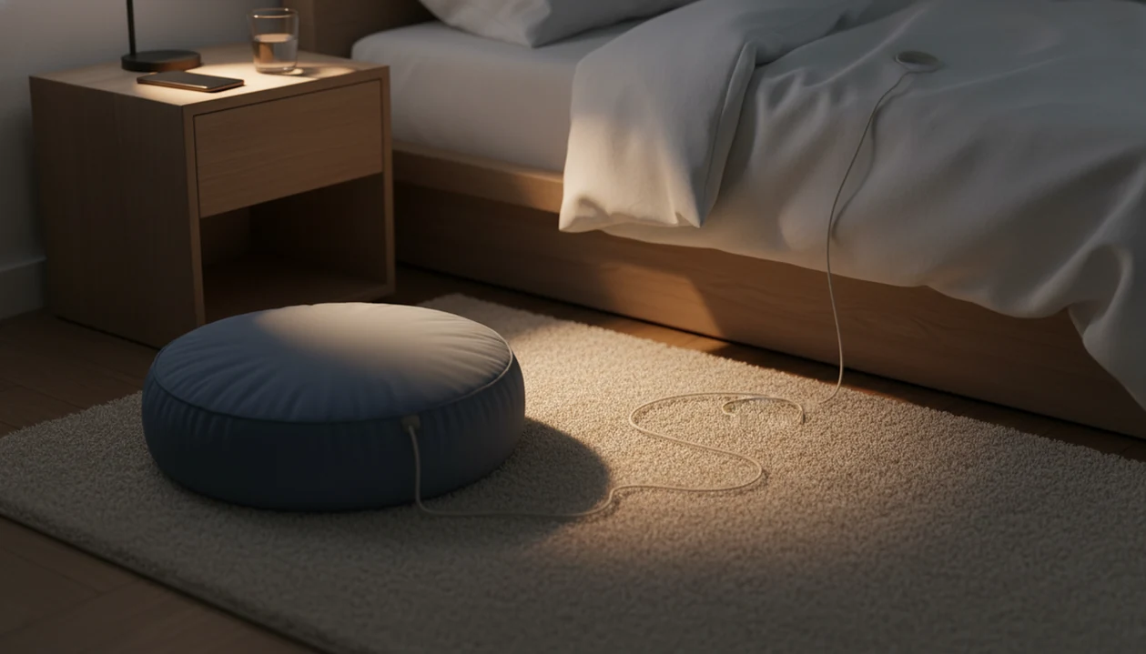An empty meditation cushion sits in a dim bedroom beside tangled cord and warm lamplight.