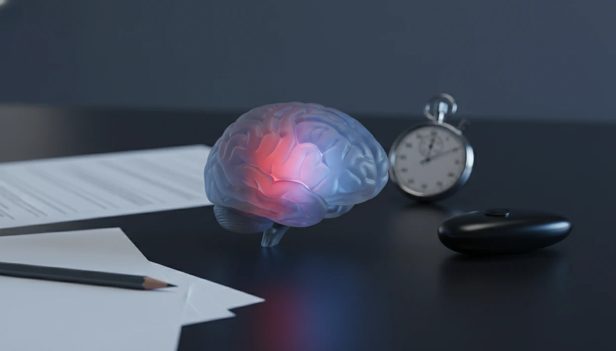 A glass brain on a desk glows red and blue beside pressure cues like a blank paper and stopwatch.