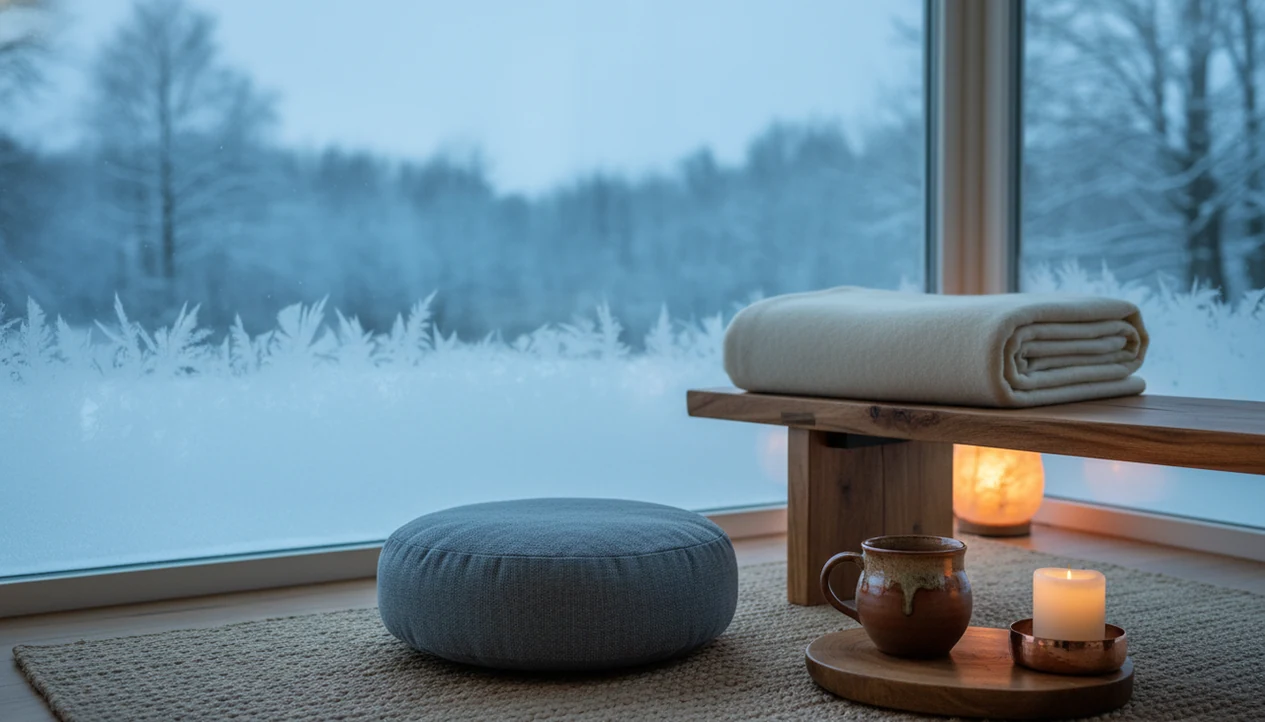 A calm winter meditation corner with a cushion, blanket, mug, and frosted window light.