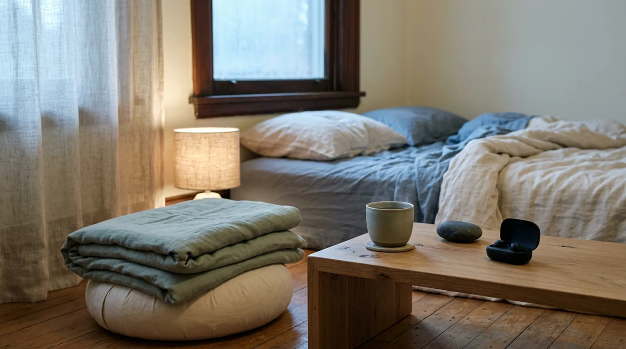 A calm bedroom corner with a meditation cushion, sleep mask and phone on the nightstand.