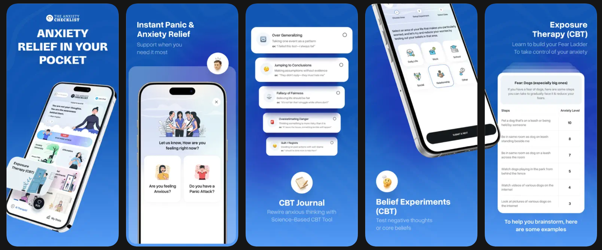 Anxiety Checklist app screenshots showing CBT journal, exposure therapy, panic relief, and belief experiments.