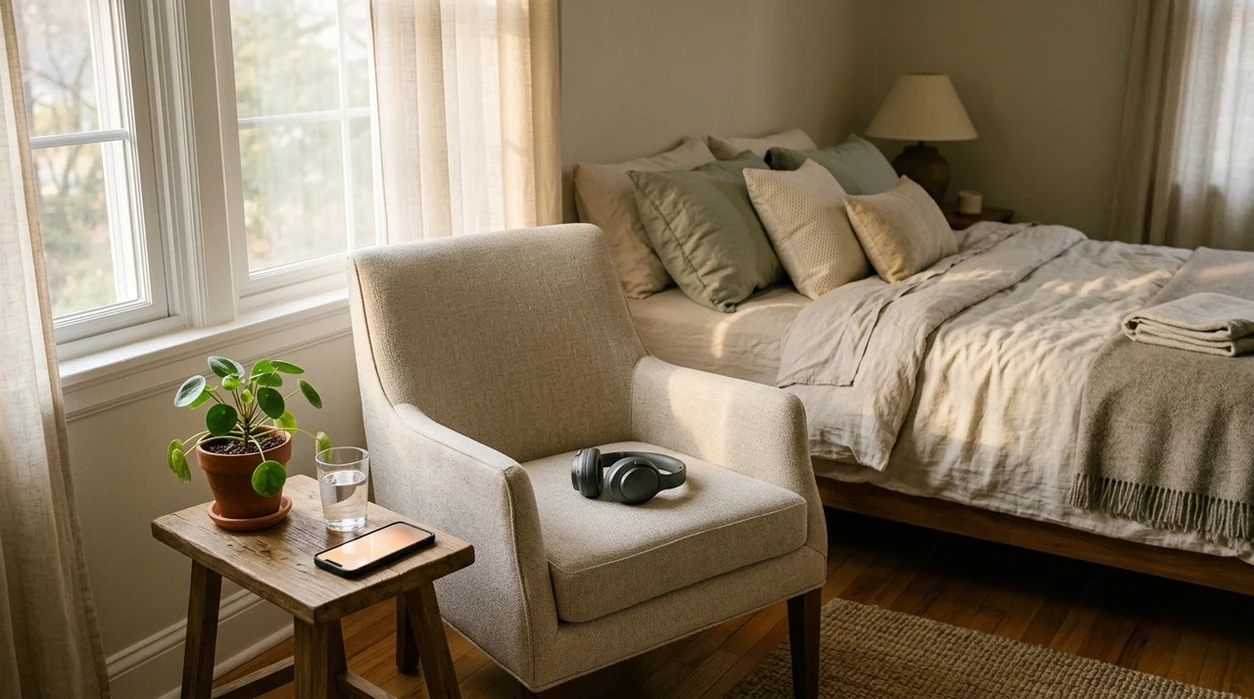 A quiet bedroom meditation setup with headphones, a phone, chair, blanket, and soft morning light.