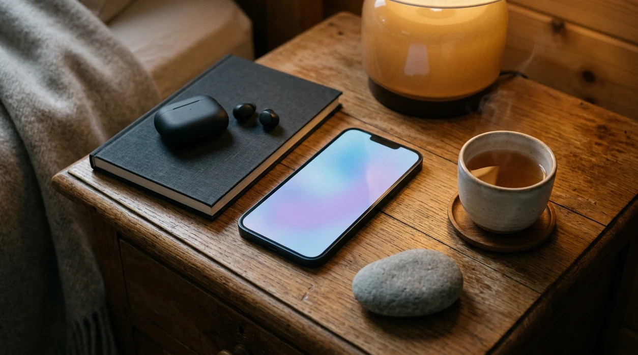 A calm nightstand scene with a phone, speaker and dim light on the bedside table.