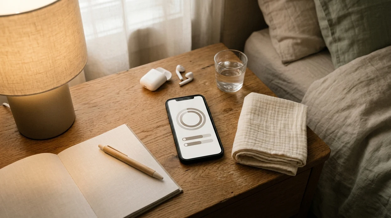 A calm bedside setup with a phone timer, earbuds, water, and a blank notepad for early labor.