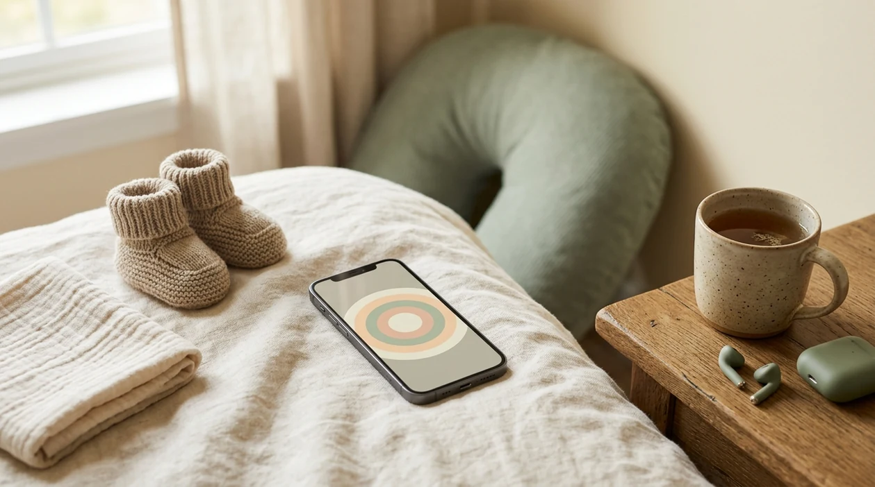 A calm bedside still life shows a phone, earbuds, baby booties, and soft pregnancy essentials.