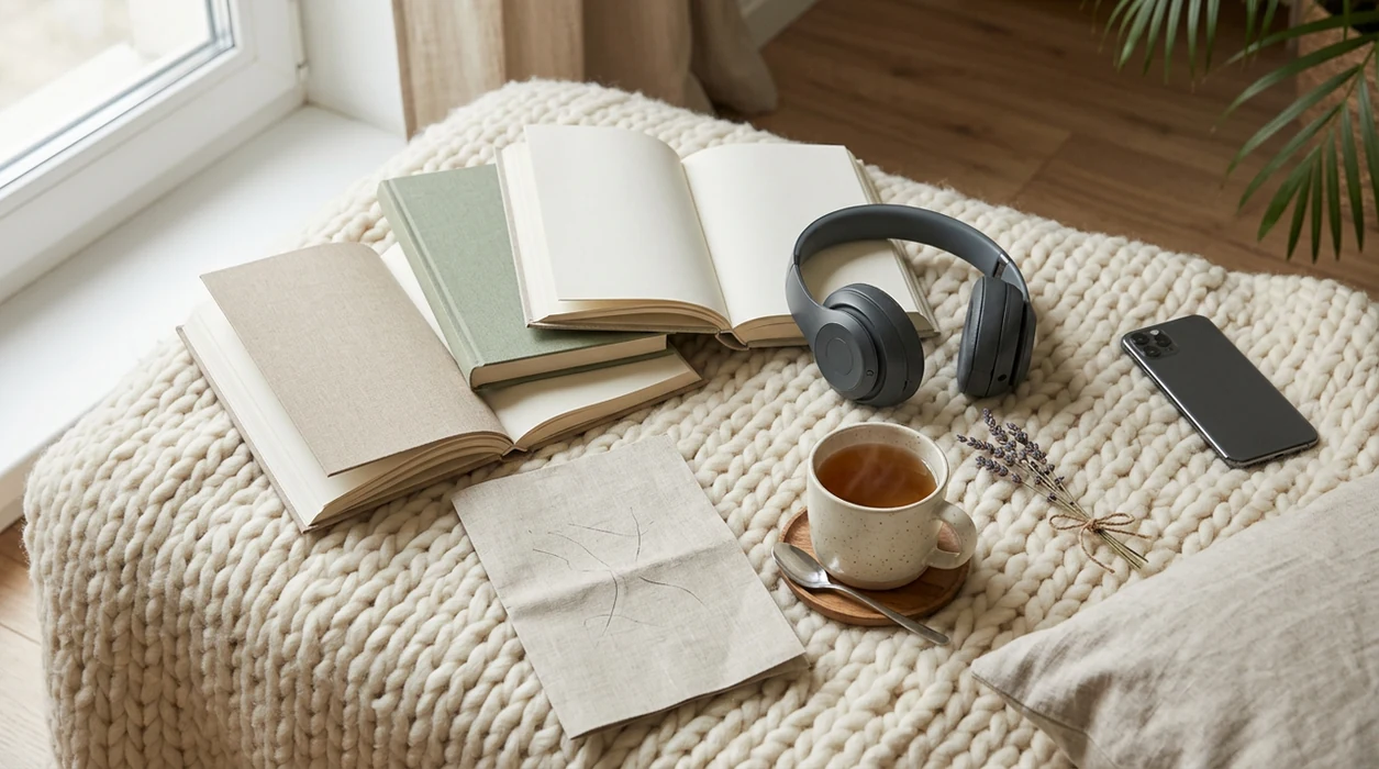 A calm hypnobirthing preparation setup with books, headphones, notes, tea, and a phone on a soft blanket.